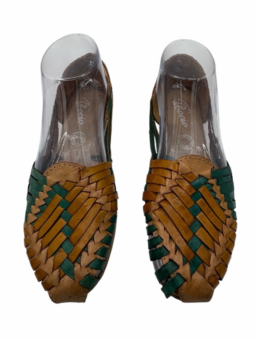 Women's Woven Leather Slip-On Flats in Brown and Green
